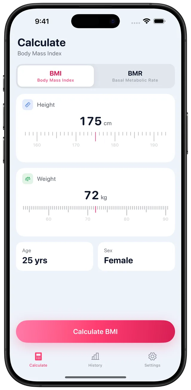 BMI calculator entry screen with height 175 cm, weight 72 kg, age 25 and sex selectors, and a Calculate BMI button