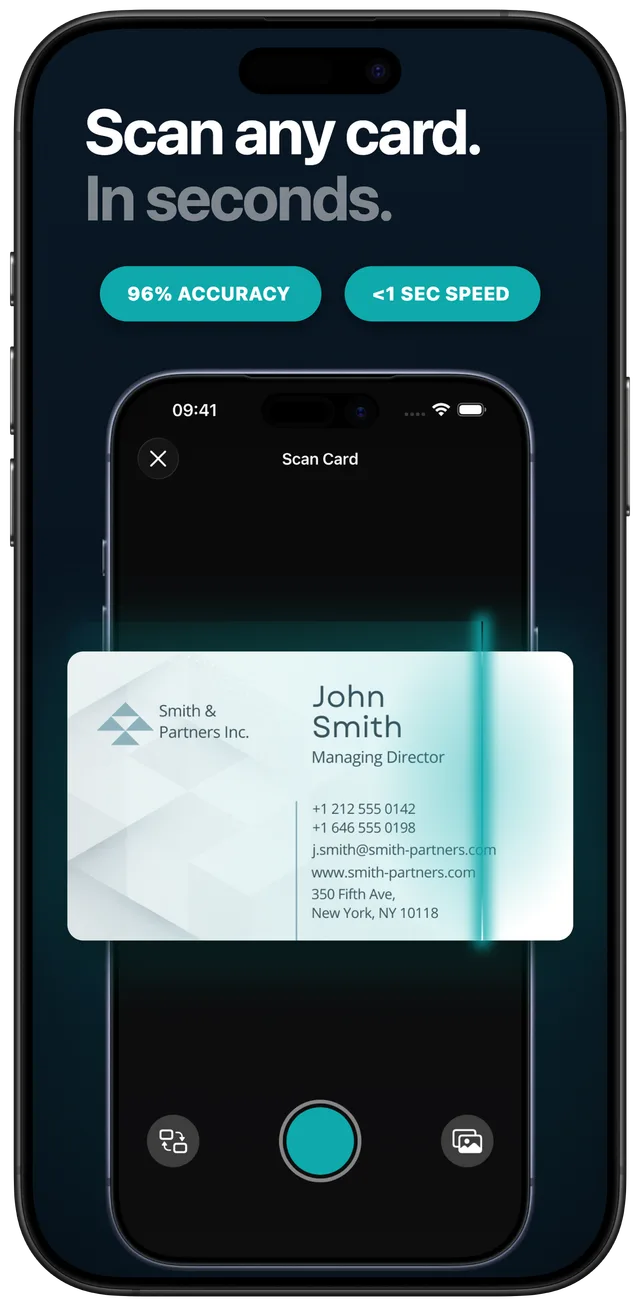 Scard live scan screen showing a business card inside the auto-detection frame with '96% accuracy' and '<1 sec speed' badges, shutter button at the bottom