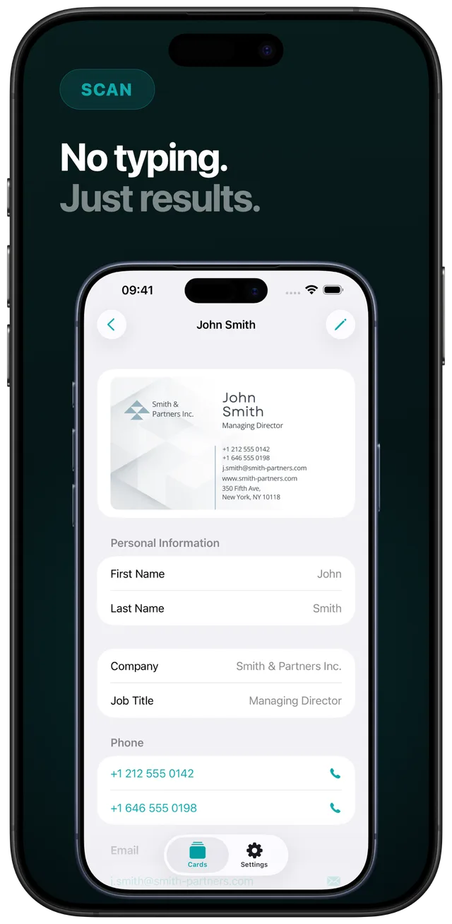 Scard contact detail screen after scanning, showing first name, last name, company, job title, and two phone numbers extracted from a John Smith business card