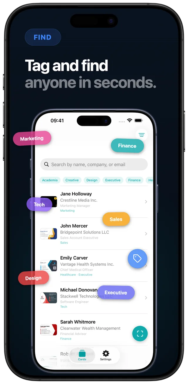 Scard card list with tag pills for Marketing, Finance, Tech, Sales, Design, and Executive overlaid on the contacts, with a search bar at the top