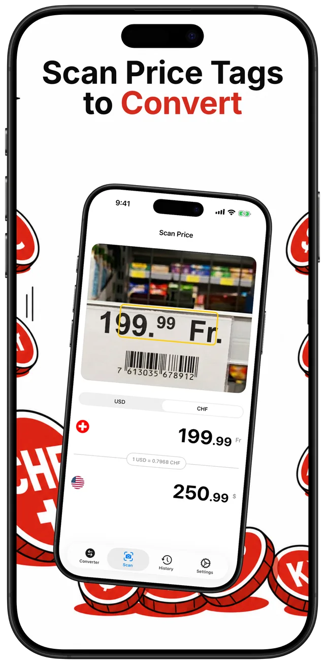 Camera view scanning a shop price tag reading 199.99 Fr. and showing the converted USD amount