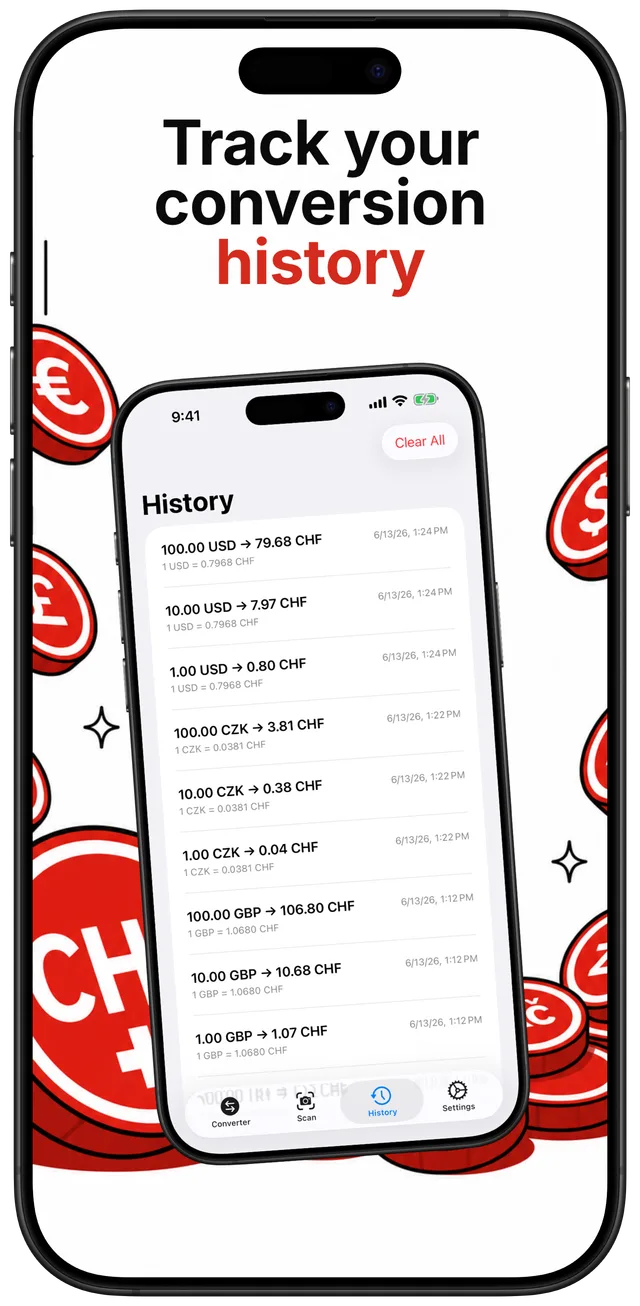 Conversion history list showing entries like 100.00 USD to 79.68 CHF and 100.00 GBP to 106.80 CHF with timestamps