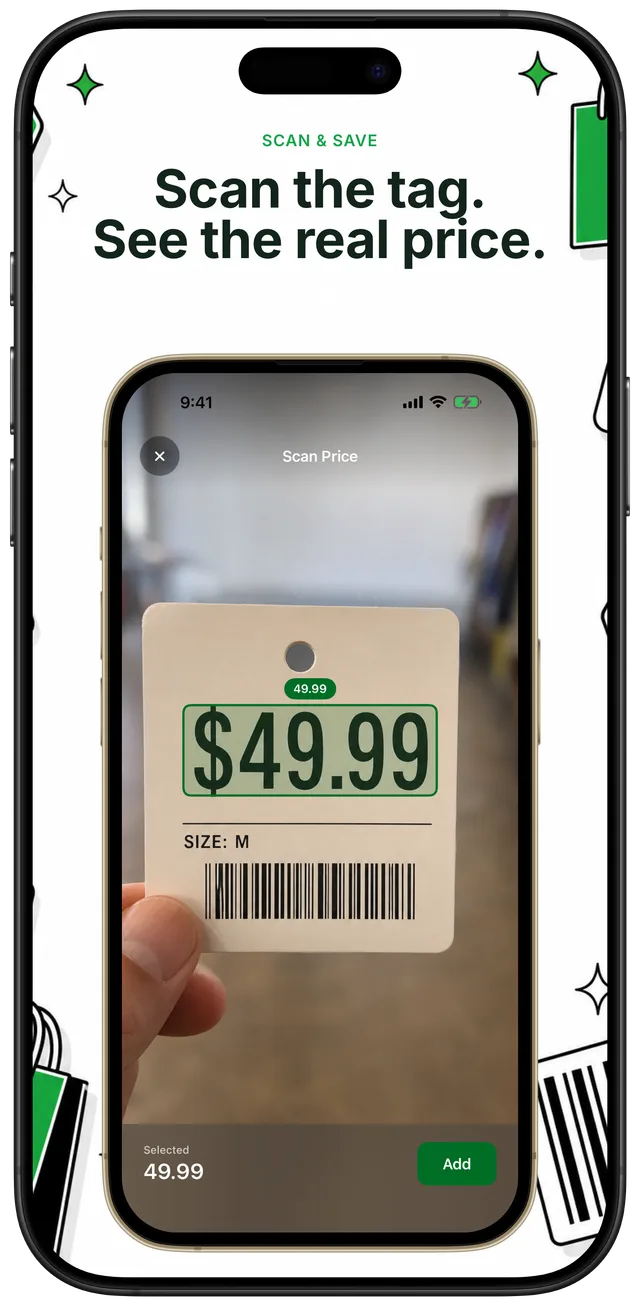 Camera scanner pointed at a store price tag reading $49.99, with Selected 49.99 and a green Add button