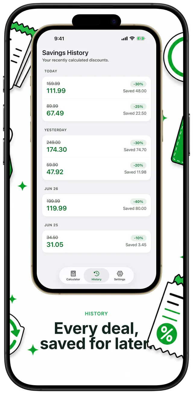 Savings History screen showing recent discount calculations grouped by date, each with struck-through original price, final price, green percent-off badge, and amount saved