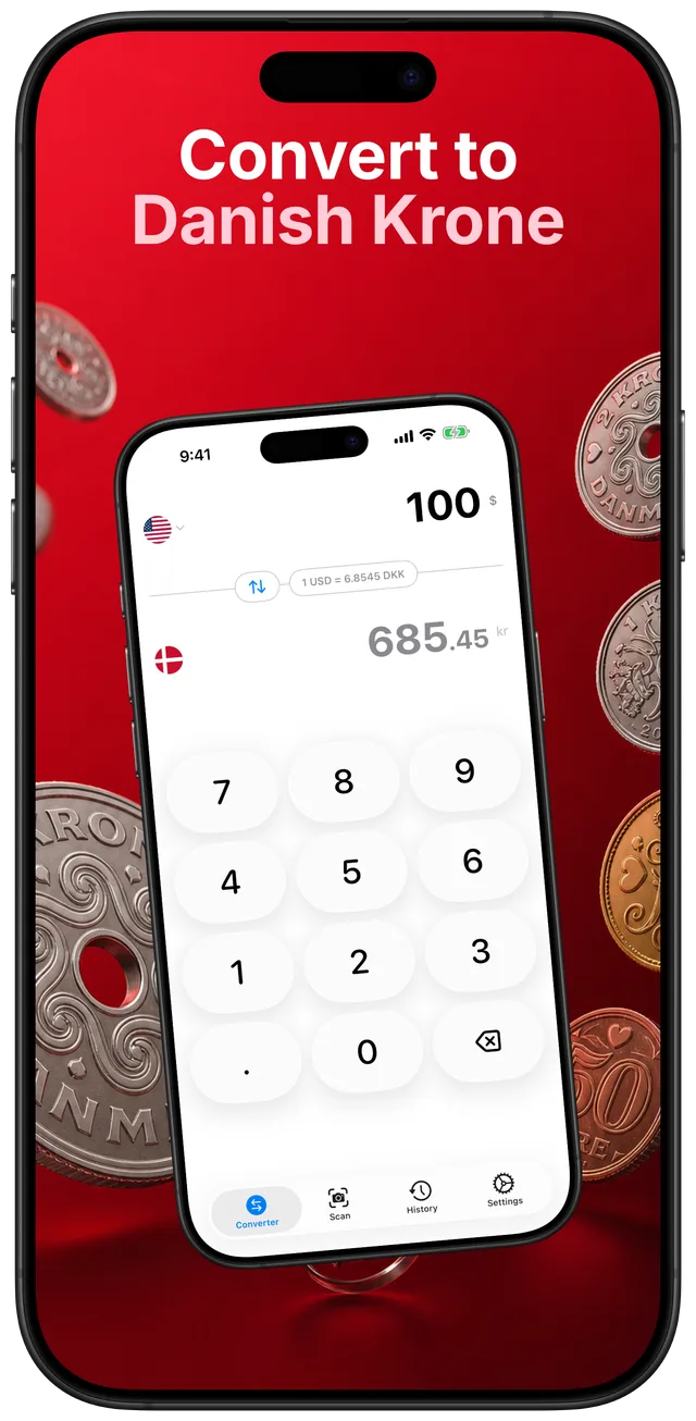 DKK Converter main screen converting 100 USD to 685.45 Danish kroner with a number keypad and the Danish flag