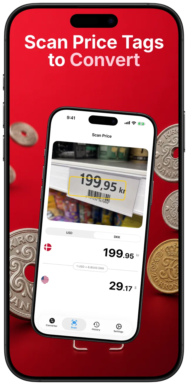 Camera view scanning a Danish shop price tag reading 199.95 kr and showing the converted amount below
