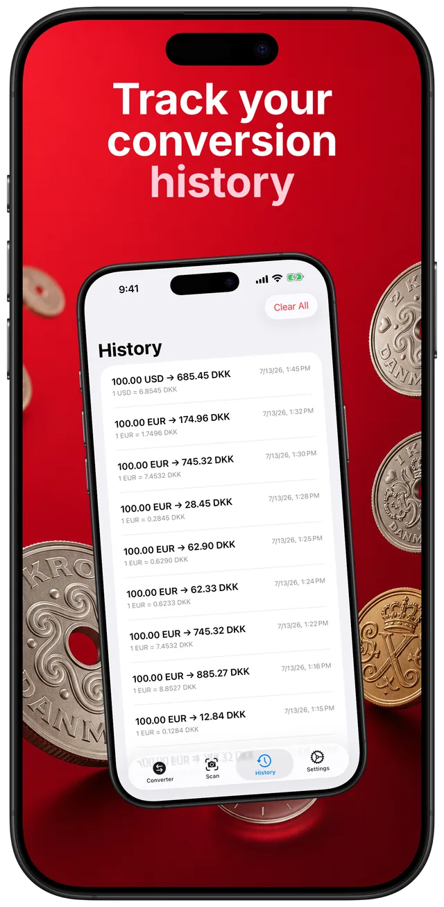 Conversion history list showing entries like 100 USD to 685.45 DKK and 100 EUR to 745.32 DKK with timestamps