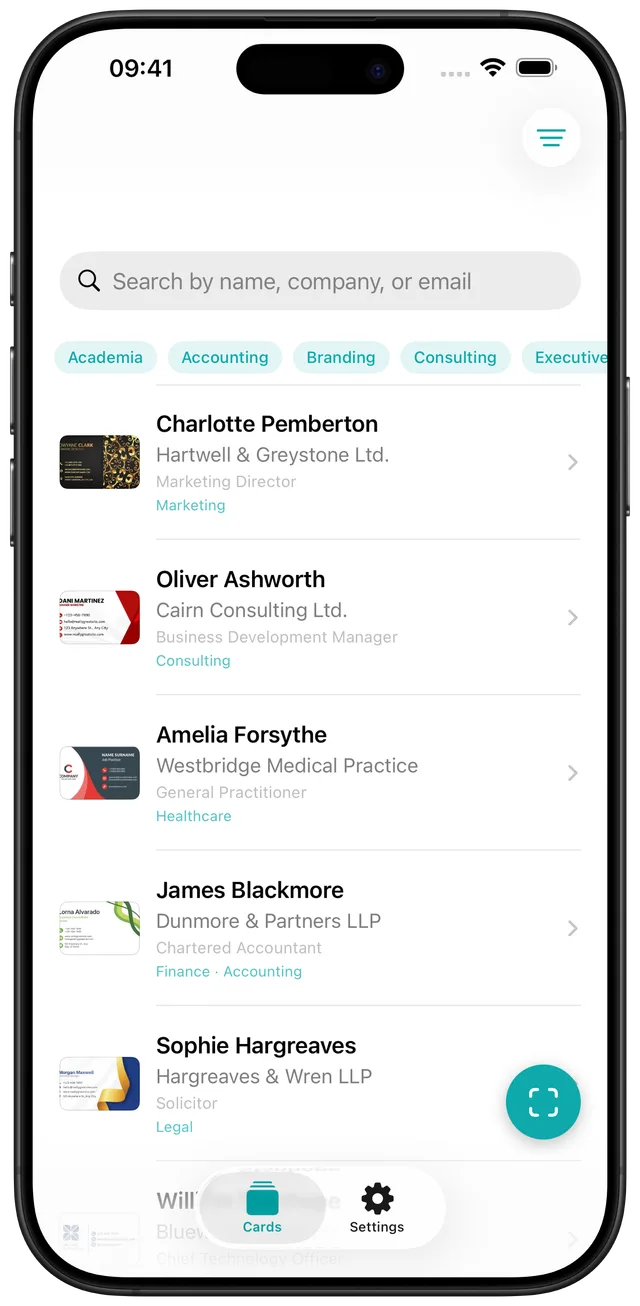 Business Card Scanner - Scard running on an iPhone