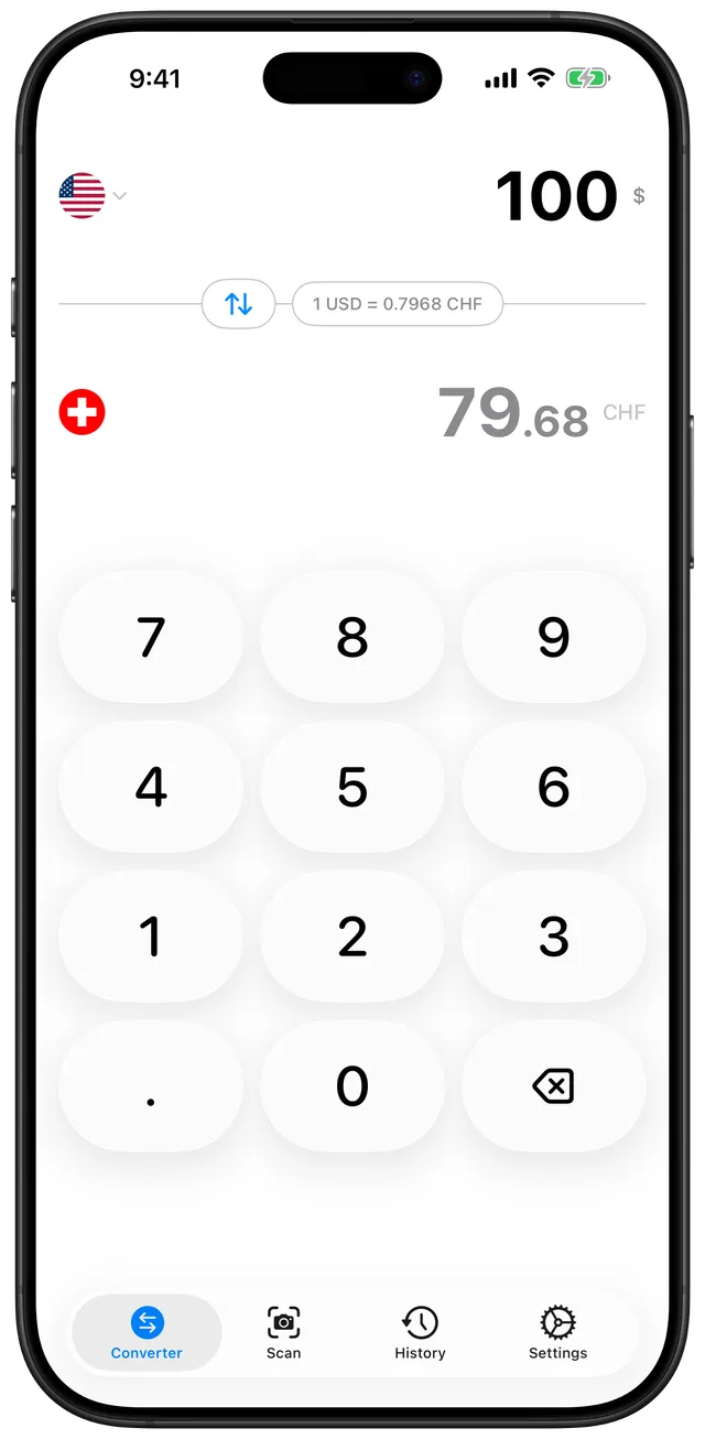 Currency Converter - Swiss Franc running on an iPhone
