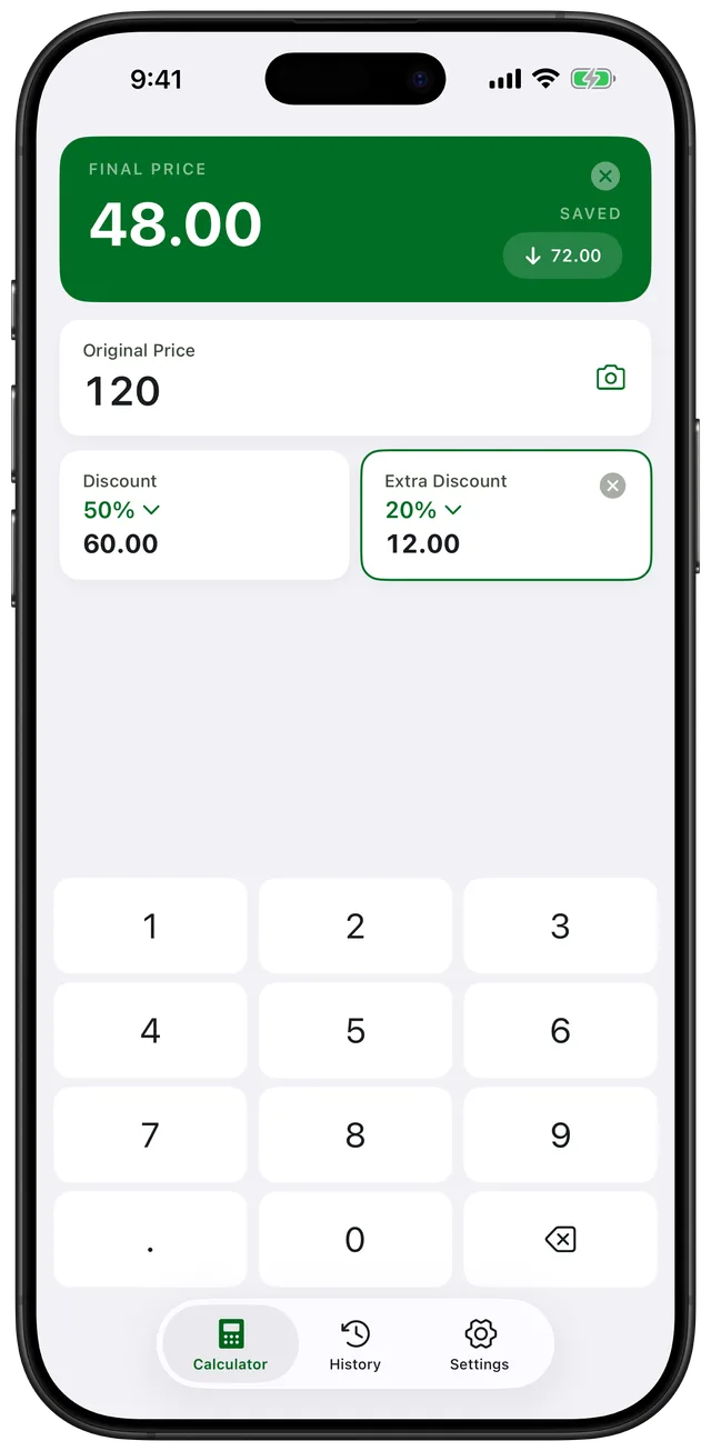Discount Calculator: % Off running on an iPhone