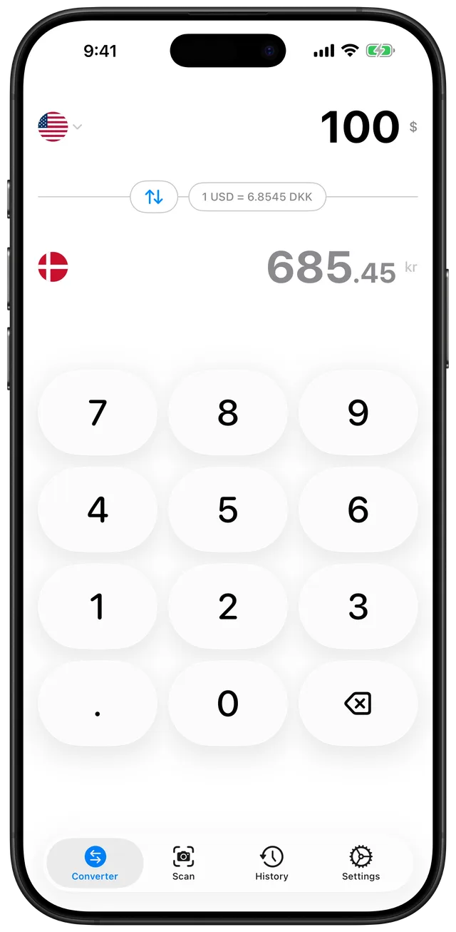 Currency Converter Danish DKK running on an iPhone