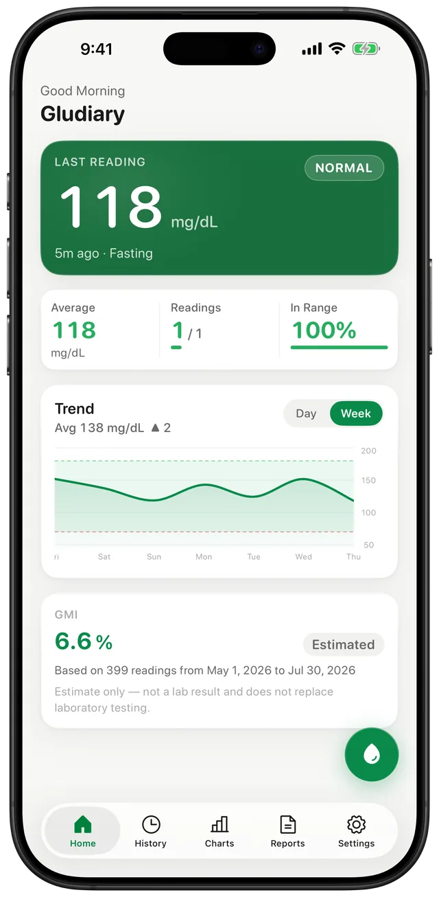 Blood Sugar Tracker - Gludiary running on an iPhone