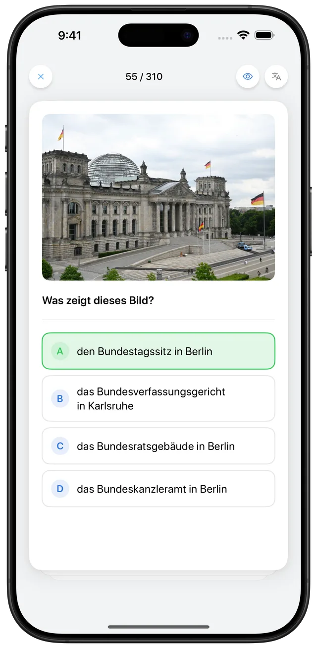 Leben in Deutschland 2026 Test running on an iPhone