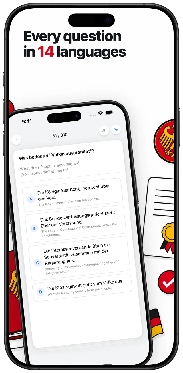 Multilingual view showing a German question with English translation and four German answers each with English translation below